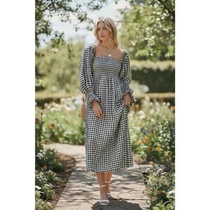 NWT Sleeper Atlanta Black Gingham Midi Day Dress Square Neck Size Medium Spring